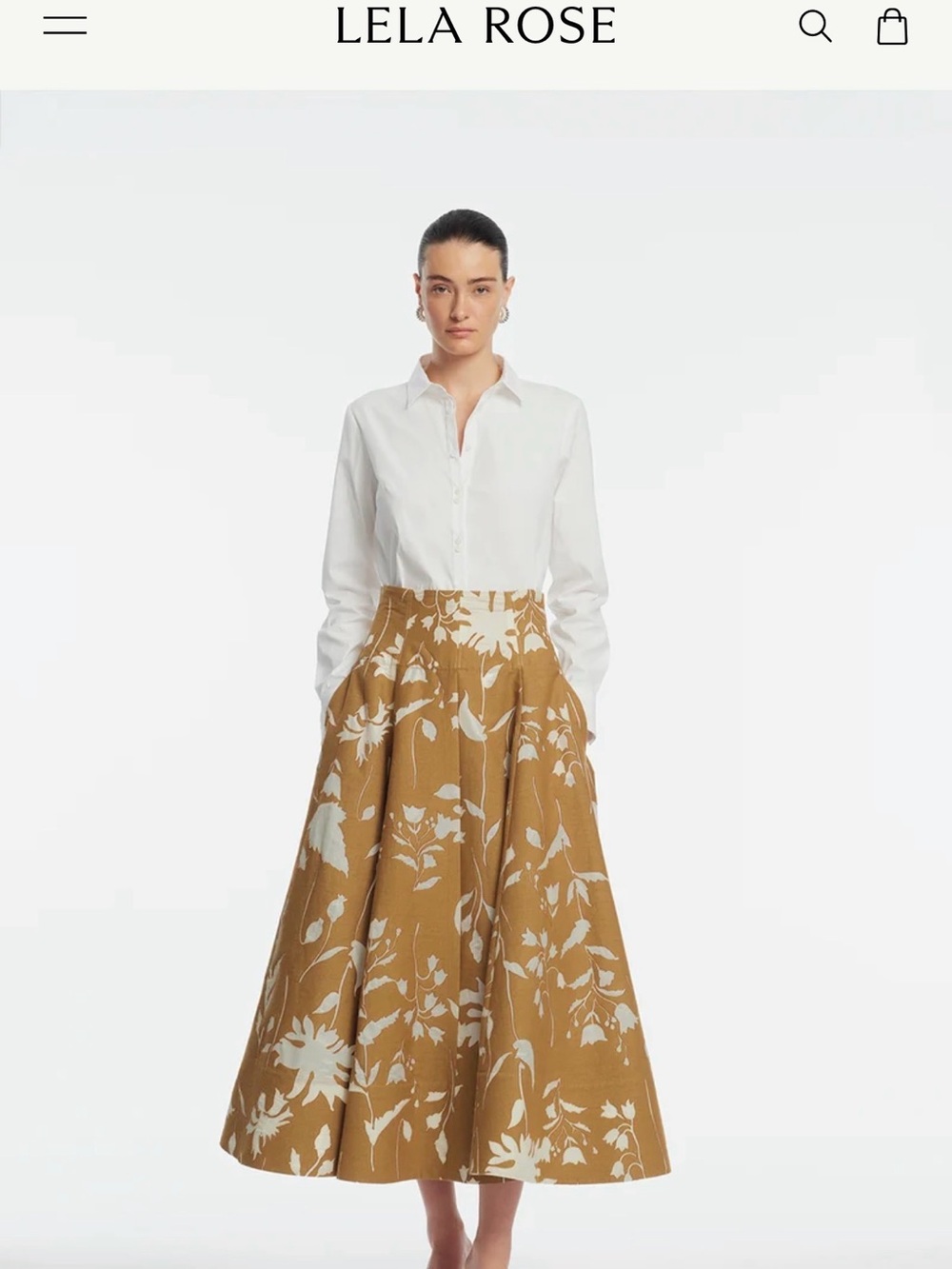 Lela Rose Mustard and White Floral Full Midi Skirt